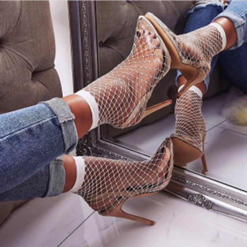 Pointed Toe Heels Summer Fishnet Sandals Mesh Holes Sexy Female Shoes Party High Heel Ankle Boots