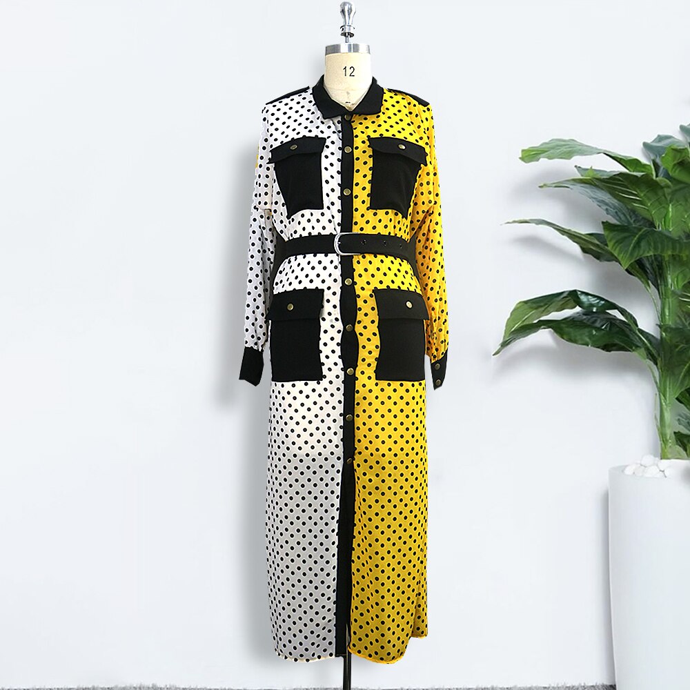 Yellow Black Pathwork Chiffon Polka Dot Maxi Slit Dress Long Sleeve with Sashes Pocket Retro Summer Tunic Robes Femme Covers