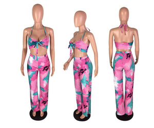 Sexy Beach Style 2 piece Women Set Print Halter Strapless Long Pant Bodycon Set