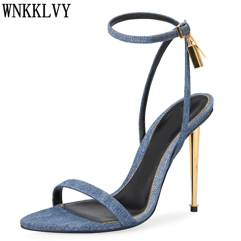 Blue Denim Metal Thin High Heel Sandals Women Narrow Band Gold Lock Decor Ankle Strap Sandalias Summer Sexy Party Dress Shoes