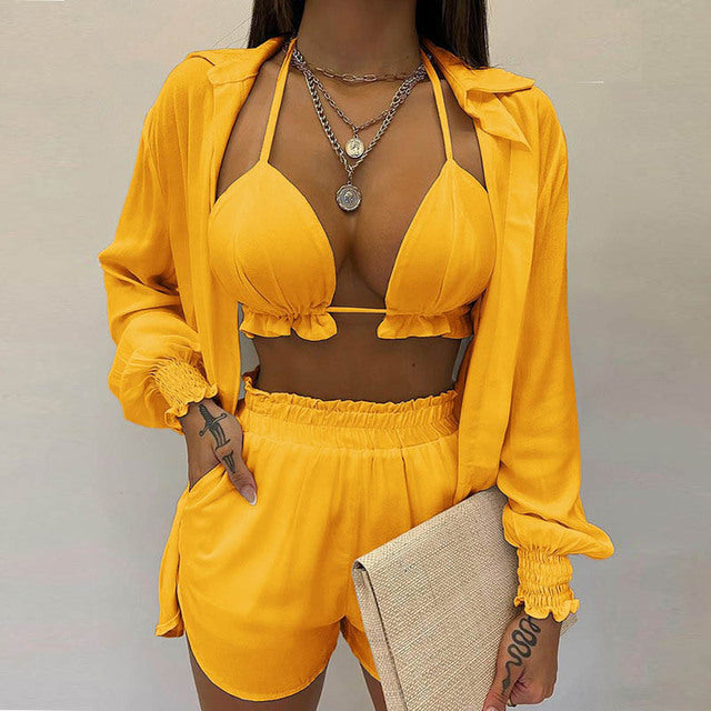 Summer beach 3pcs Set women Cardigan blouse Tops + Shorts set Lady casual Lanter sleeve Loose short pants Suits leaf print sets