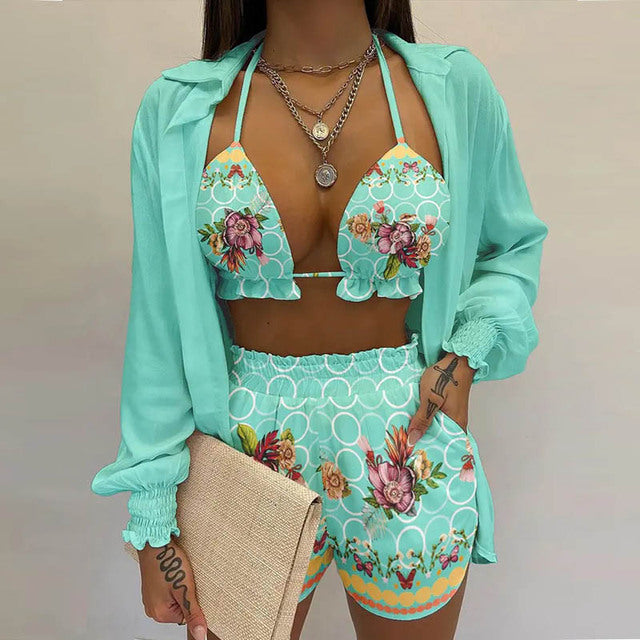 Summer beach 3pcs Set women Cardigan blouse Tops + Shorts set Lady casual Lanter sleeve Loose short pants Suits leaf print sets