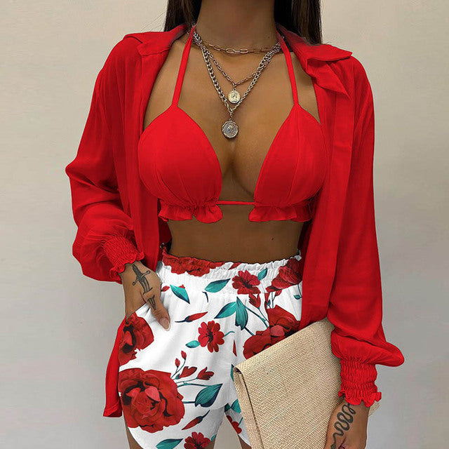 Summer beach 3pcs Set women Cardigan blouse Tops + Shorts set Lady casual Lanter sleeve Loose short pants Suits leaf print sets