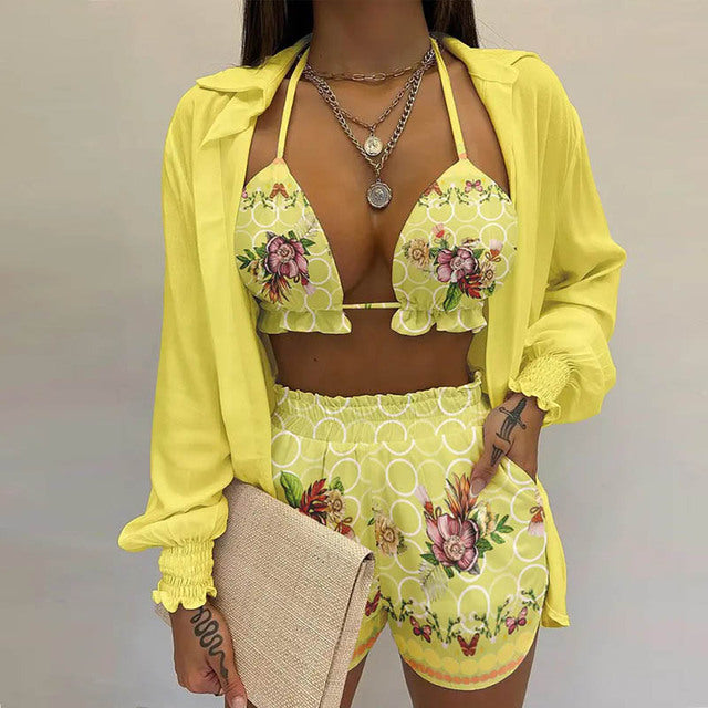 Summer beach 3pcs Set women Cardigan blouse Tops + Shorts set Lady casual Lanter sleeve Loose short pants Suits leaf print sets