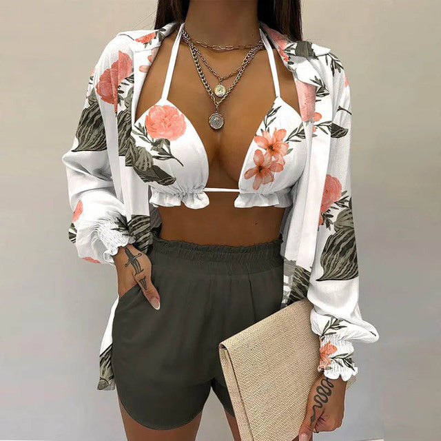 Summer beach 3pcs Set women Cardigan blouse Tops + Shorts set Lady casual Lanter sleeve Loose short pants Suits leaf print sets