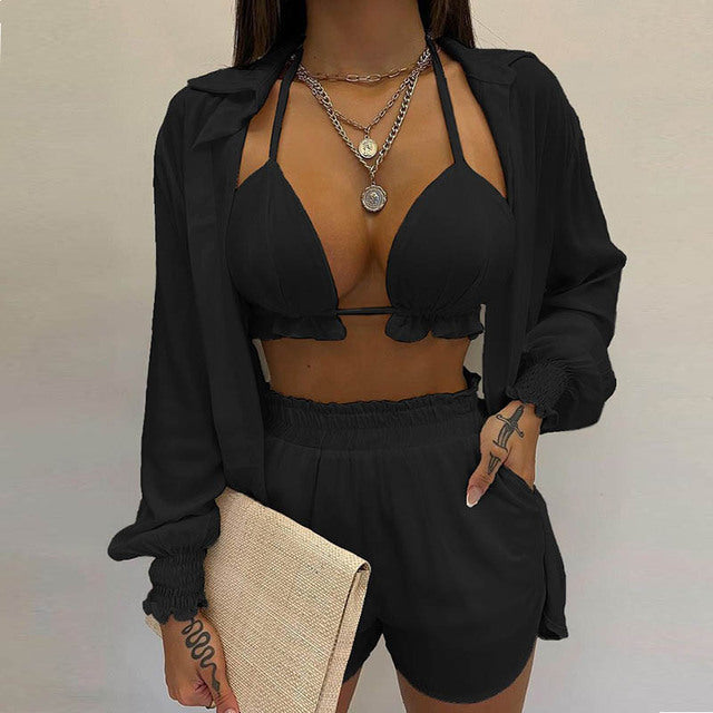 Summer beach 3pcs Set women Cardigan blouse Tops + Shorts set Lady casual Lanter sleeve Loose short pants Suits leaf print sets