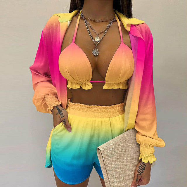 Summer beach 3pcs Set women Cardigan blouse Tops + Shorts set Lady casual Lanter sleeve Loose short pants Suits leaf print sets