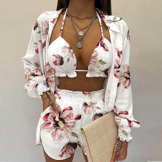 Summer beach 3pcs Set women Cardigan blouse Tops + Shorts set Lady casual Lanter sleeve Loose short pants Suits leaf print sets