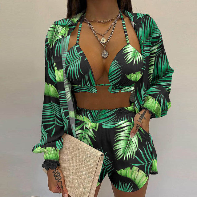 Summer beach 3pcs Set women Cardigan blouse Tops + Shorts set Lady casual Lanter sleeve Loose short pants Suits leaf print sets