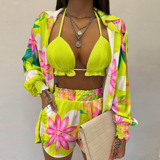 Summer beach 3pcs Set women Cardigan blouse Tops + Shorts set Lady casual Lanter sleeve Loose short pants Suits leaf print sets