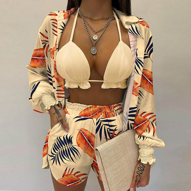 Summer beach 3pcs Set women Cardigan blouse Tops + Shorts set Lady casual Lanter sleeve Loose short pants Suits leaf print sets