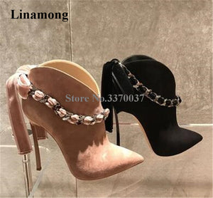 Women Fashion Style Pointed Toe Suede Leather Chain Strap Metal Stiletto Heel Short Boots Bowtie Pink Ankle Booties