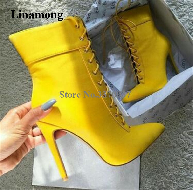 Women Elegant Fashion Pointed Toe Suede Leather Stiletto Heel Short Boots Yellow Lace-up High Heel Ankle Booties Dress Heels