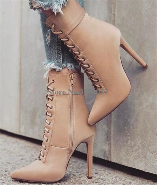 Women Elegant Fashion Pointed Toe Suede Leather Stiletto Heel Short Boots Yellow Lace-up High Heel Ankle Booties Dress Heels