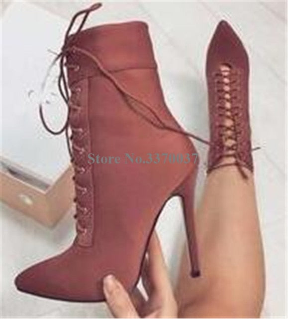 Women Elegant Fashion Pointed Toe Suede Leather Stiletto Heel Short Boots Yellow Lace-up High Heel Ankle Booties Dress Heels