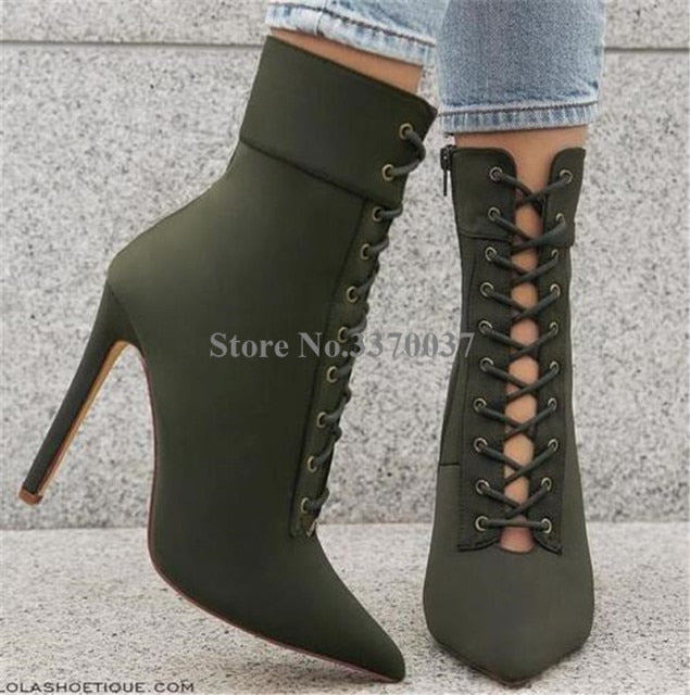 Women Elegant Fashion Pointed Toe Suede Leather Stiletto Heel Short Boots Yellow Lace-up High Heel Ankle Booties Dress Heels