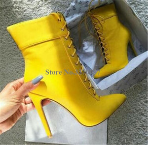 Women Elegant Fashion Pointed Toe Suede Leather Stiletto Heel Short Boots Yellow Lace-up High Heel Ankle Booties Dress Heels