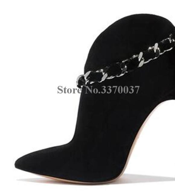 Women Fashion Style Pointed Toe Suede Leather Chain Strap Metal Stiletto Heel Short Boots Bowtie Pink Ankle Booties