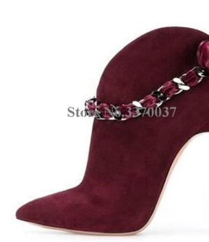 Women Fashion Style Pointed Toe Suede Leather Chain Strap Metal Stiletto Heel Short Boots Bowtie Pink Ankle Booties