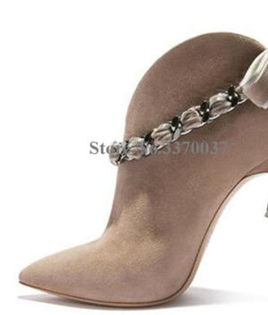 Women Fashion Style Pointed Toe Suede Leather Chain Strap Metal Stiletto Heel Short Boots Bowtie Pink Ankle Booties