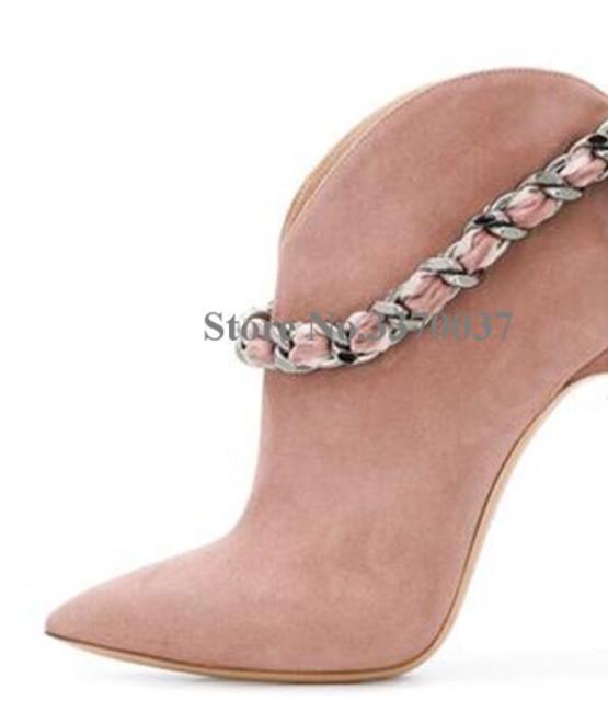 Women Fashion Style Pointed Toe Suede Leather Chain Strap Metal Stiletto Heel Short Boots Bowtie Pink Ankle Booties