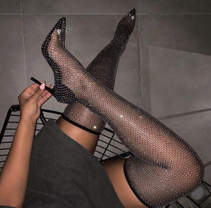 Hot Woman Black Bling Bling PVC Clear Sequins Diamond Fishnet Cuts Out Pointed Toe Heel-Strap Over The Knee Thigh Socks Boots