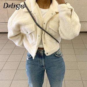 Darlingaga Fashion Lamb Wool Autumn Winter Coat Women Jacket Fleece Shaggy Warm Cropped Jackets Overcoat Single Breasted Outwear