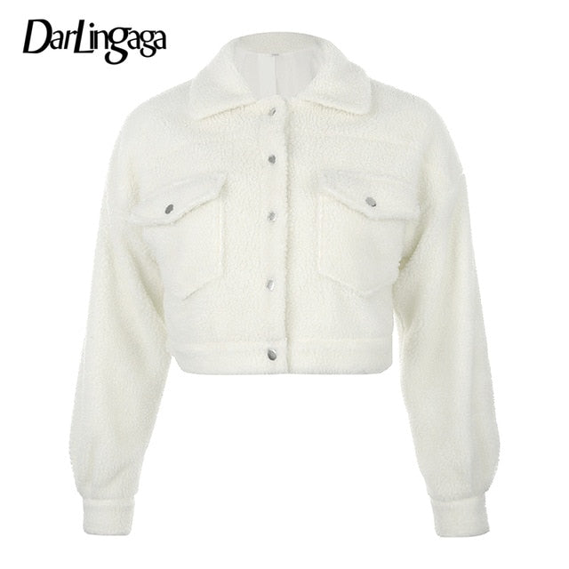 Darlingaga Fashion Lamb Wool Autumn Winter Coat Women Jacket Fleece Shaggy Warm Cropped Jackets Overcoat Single Breasted Outwear