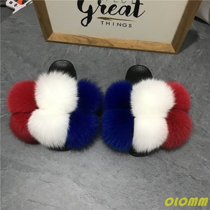 Wholesale  Women Real Fox Fur Slides Home fluffy Flat Sandals Female Cute Fluffy House Shoes Woman raccoon fur slides