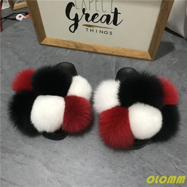 Wholesale  Women Real Fox Fur Slides Home fluffy Flat Sandals Female Cute Fluffy House Shoes Woman raccoon fur slides