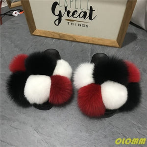 Wholesale  Women Real Fox Fur Slides Home fluffy Flat Sandals Female Cute Fluffy House Shoes Woman raccoon fur slides