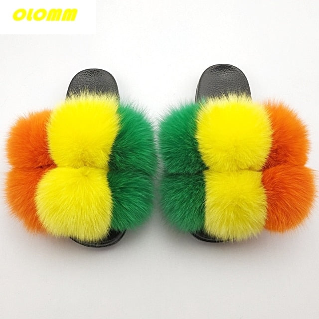 Wholesale  Women Real Fox Fur Slides Home fluffy Flat Sandals Female Cute Fluffy House Shoes Woman raccoon fur slides