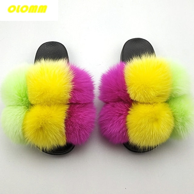 Wholesale  Women Real Fox Fur Slides Home fluffy Flat Sandals Female Cute Fluffy House Shoes Woman raccoon fur slides