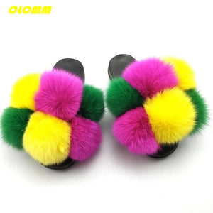 Wholesale  Women Real Fox Fur Slides Home fluffy Flat Sandals Female Cute Fluffy House Shoes Woman raccoon fur slides