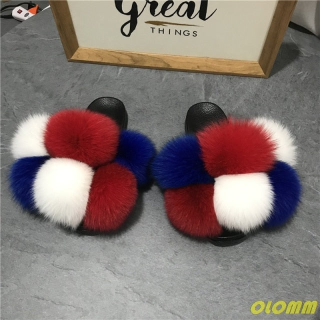 Wholesale  Women Real Fox Fur Slides Home fluffy Flat Sandals Female Cute Fluffy House Shoes Woman raccoon fur slides