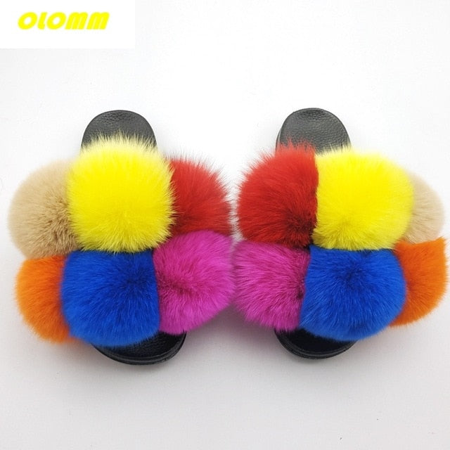 Wholesale  Women Real Fox Fur Slides Home fluffy Flat Sandals Female Cute Fluffy House Shoes Woman raccoon fur slides