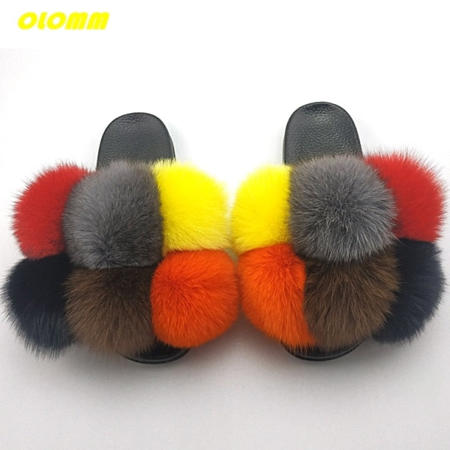 Wholesale  Women Real Fox Fur Slides Home fluffy Flat Sandals Female Cute Fluffy House Shoes Woman raccoon fur slides