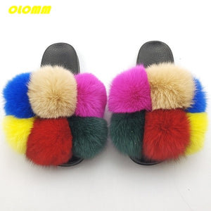 Wholesale  Women Real Fox Fur Slides Home fluffy Flat Sandals Female Cute Fluffy House Shoes Woman raccoon fur slides