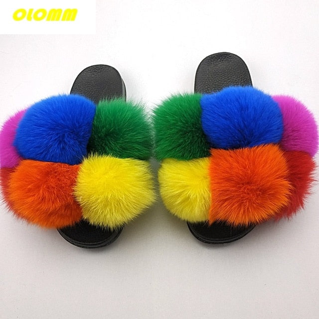 Wholesale  Women Real Fox Fur Slides Home fluffy Flat Sandals Female Cute Fluffy House Shoes Woman raccoon fur slides