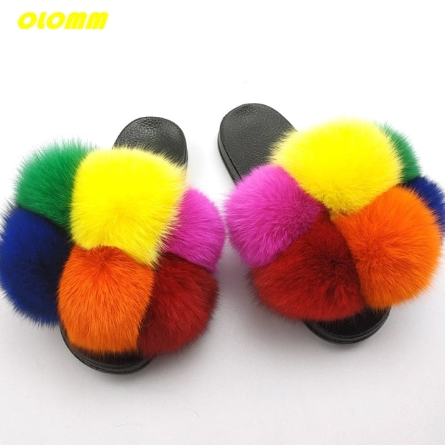 Wholesale  Women Real Fox Fur Slides Home fluffy Flat Sandals Female Cute Fluffy House Shoes Woman raccoon fur slides