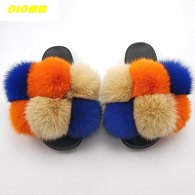 Wholesale  Women Real Fox Fur Slides Home fluffy Flat Sandals Female Cute Fluffy House Shoes Woman raccoon fur slides