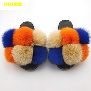 Wholesale  Women Real Fox Fur Slides Home fluffy Flat Sandals Female Cute Fluffy House Shoes Woman raccoon fur slides