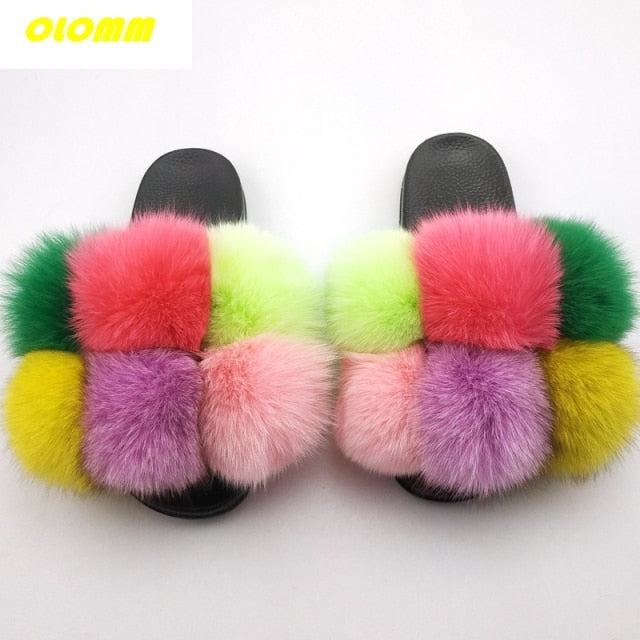 Wholesale  Women Real Fox Fur Slides Home fluffy Flat Sandals Female Cute Fluffy House Shoes Woman raccoon fur slides