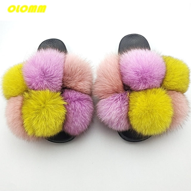 Wholesale  Women Real Fox Fur Slides Home fluffy Flat Sandals Female Cute Fluffy House Shoes Woman raccoon fur slides