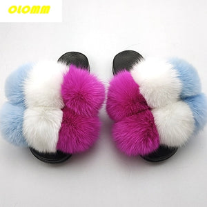 Wholesale  Women Real Fox Fur Slides Home fluffy Flat Sandals Female Cute Fluffy House Shoes Woman raccoon fur slides