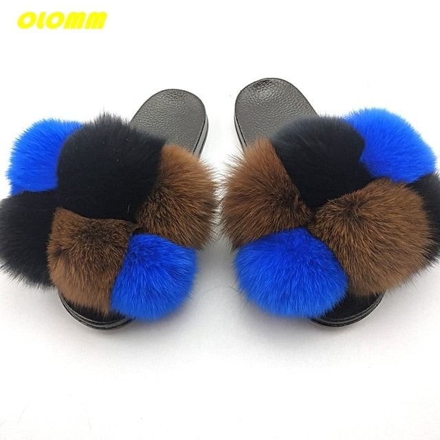 Wholesale  Women Real Fox Fur Slides Home fluffy Flat Sandals Female Cute Fluffy House Shoes Woman raccoon fur slides