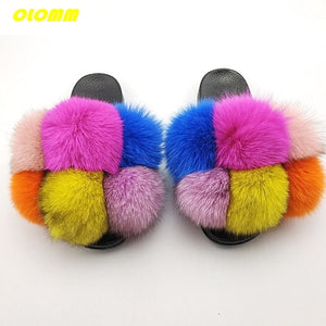 Wholesale  Women Real Fox Fur Slides Home fluffy Flat Sandals Female Cute Fluffy House Shoes Woman raccoon fur slides