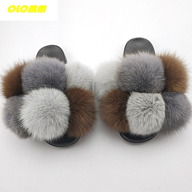 Wholesale  Women Real Fox Fur Slides Home fluffy Flat Sandals Female Cute Fluffy House Shoes Woman raccoon fur slides