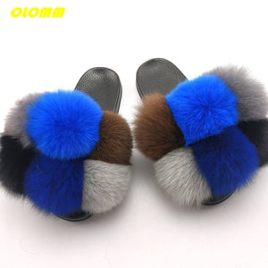 Wholesale  Women Real Fox Fur Slides Home fluffy Flat Sandals Female Cute Fluffy House Shoes Woman raccoon fur slides