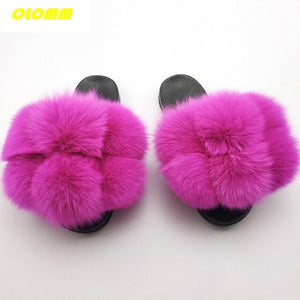 Wholesale  Women Real Fox Fur Slides Home fluffy Flat Sandals Female Cute Fluffy House Shoes Woman raccoon fur slides